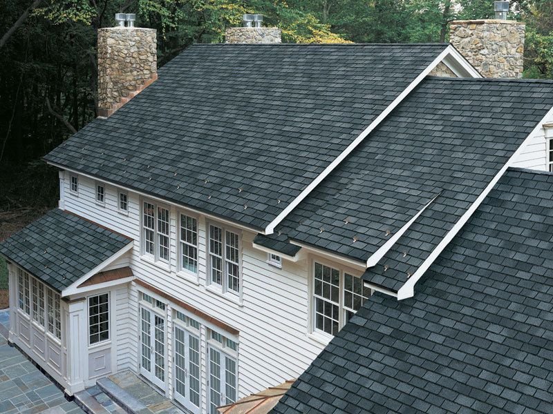 Asphalt shingles installed on a sloped roof