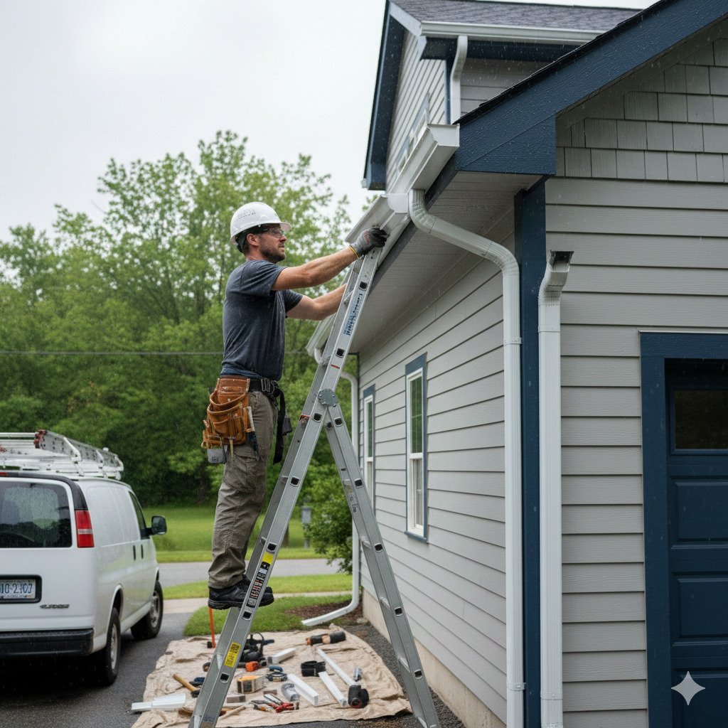 Rain gutter along a roof edge